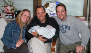 Picture of Chantel and Marc Minish with friend, John Hamilton, right after his baby girl was born.