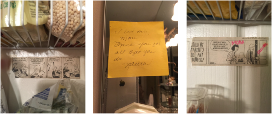 Comics and notes left around a house to remind their mom of something.