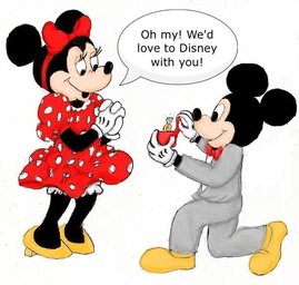 Cartoon drawing of Mickey proposing to Minnie - a mock proposal to go to Disney World.